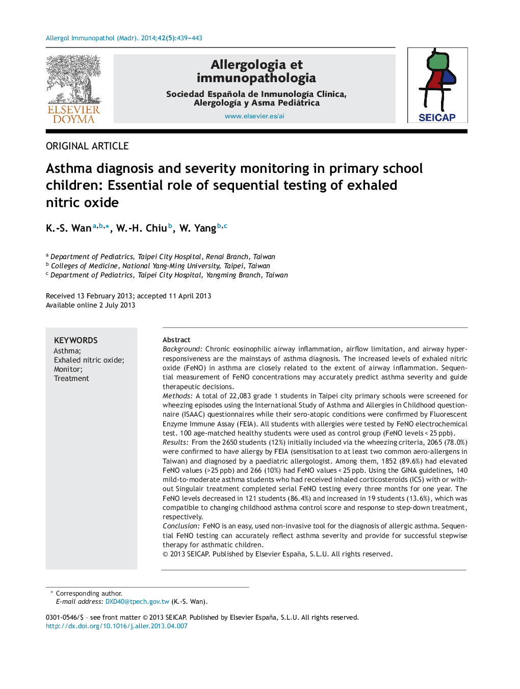 Asthma diagnosis and severity monitoring in primary school children: Essential role of sequential testing of exhaled nitric oxide