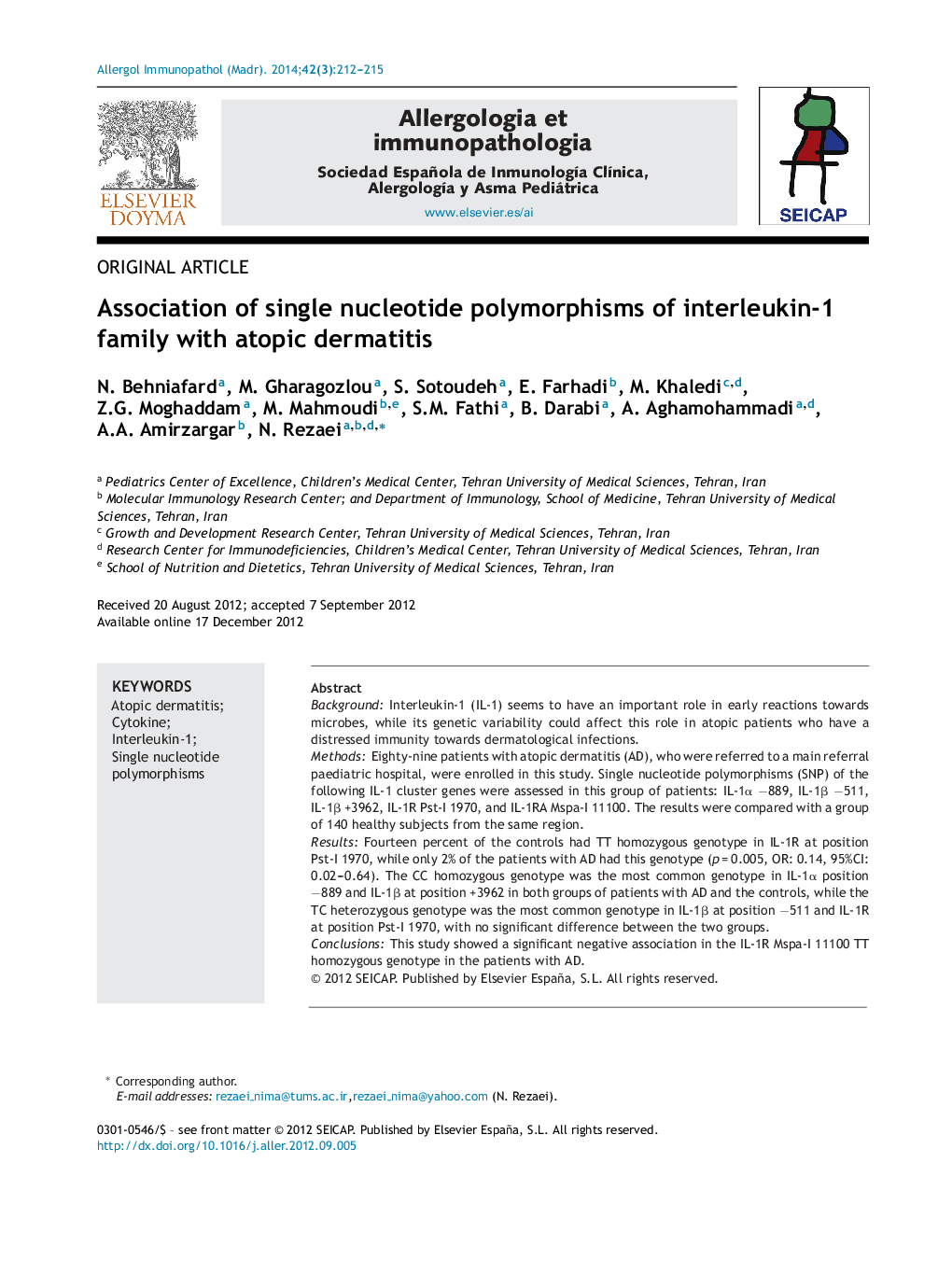 Association of single nucleotide polymorphisms of interleukin-1 family with atopic dermatitis