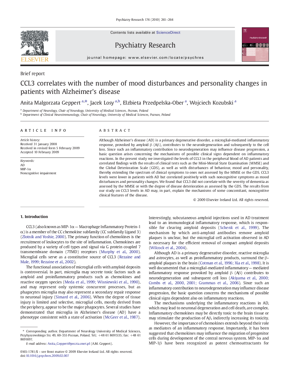CCL3 correlates with the number of mood disturbances and personality changes in patients with Alzheimer's disease