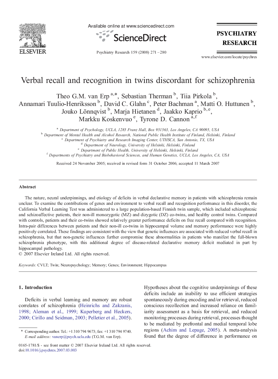 عکس صفحه اول مقاله: Verbal recall and recognition in twins discordant for schizophrenia Verbal recall and recognition in twins discordant for schizophrenia