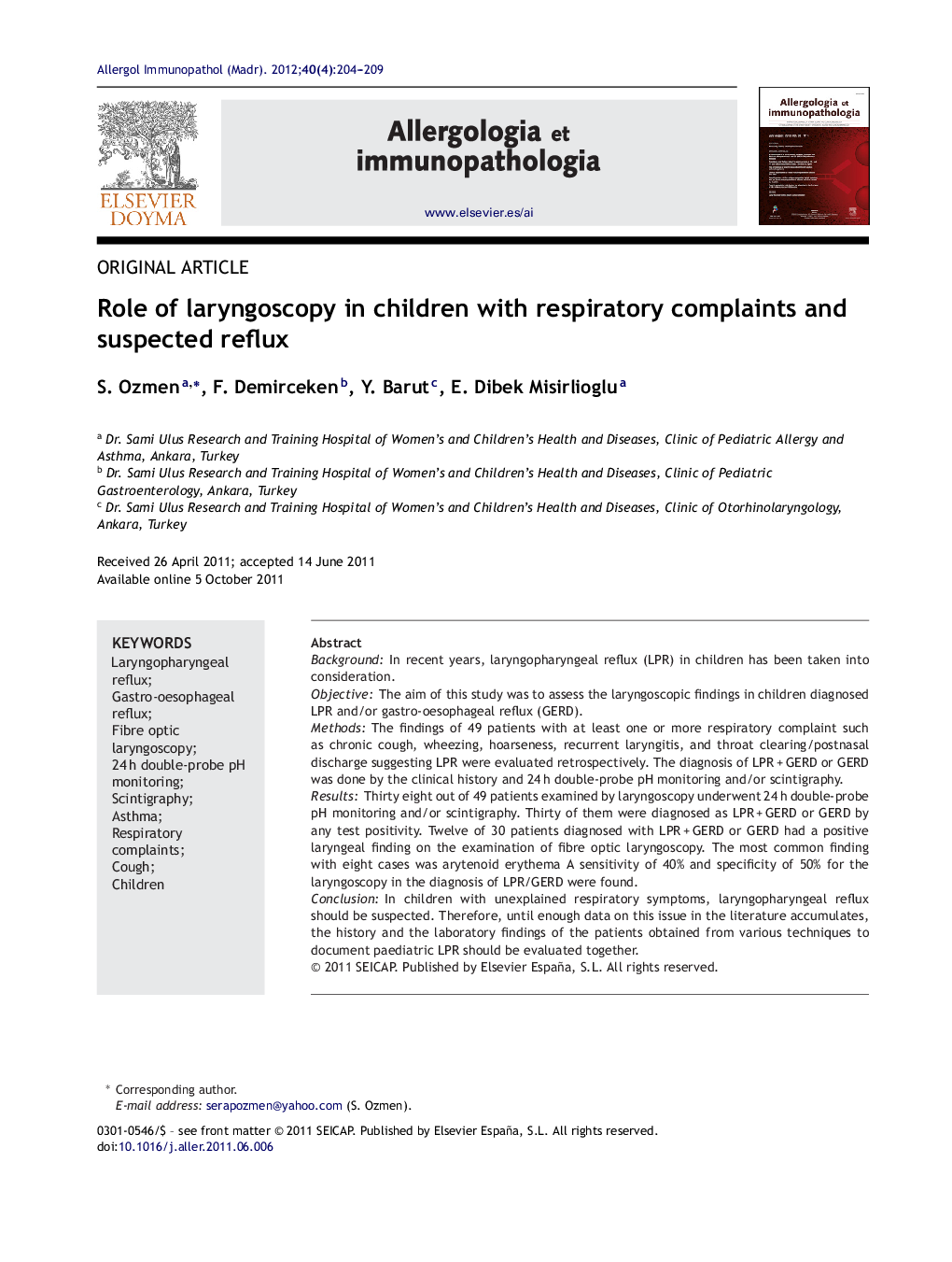 Role of laryngoscopy in children with respiratory complaints and suspected reflux