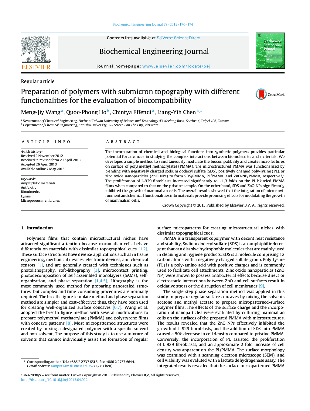 Preparation of polymers with submicron topography with different functionalities for the evaluation of biocompatibility