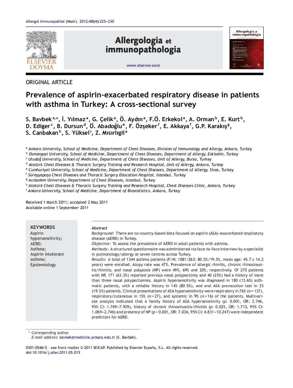 Prevalence of aspirin-exacerbated respiratory disease in patients with asthma in Turkey: A cross-sectional survey