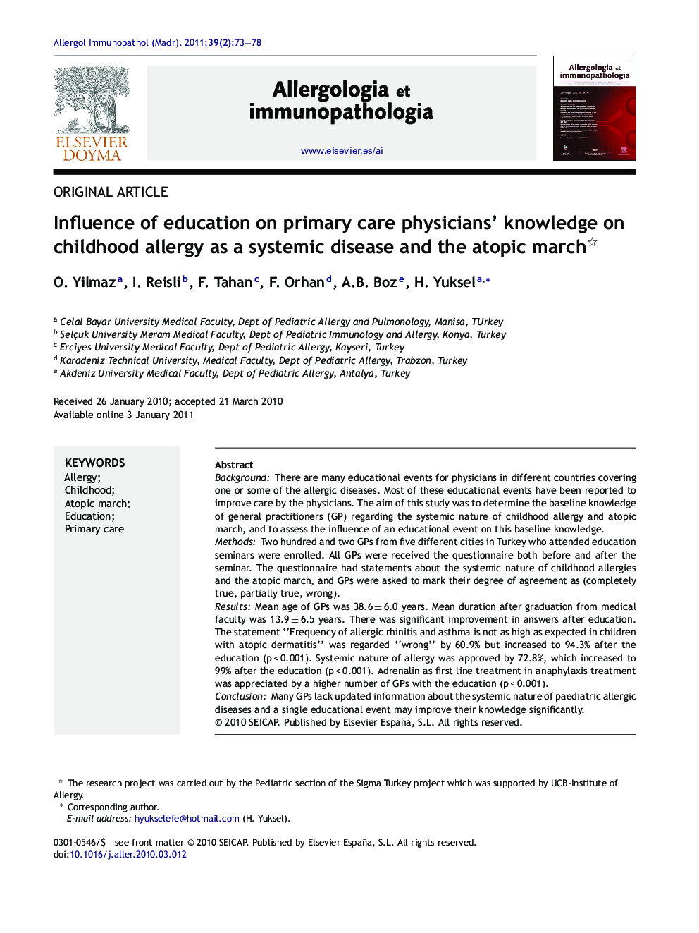 Influence of education on primary care physicians' knowledge on childhood allergy as a systemic disease and the atopic march