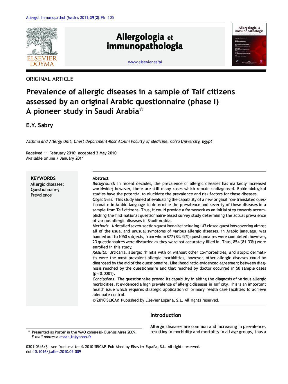 Prevalence of allergic diseases in a sample of Taif citizens assessed by an original Arabic questionnaire (phase I)