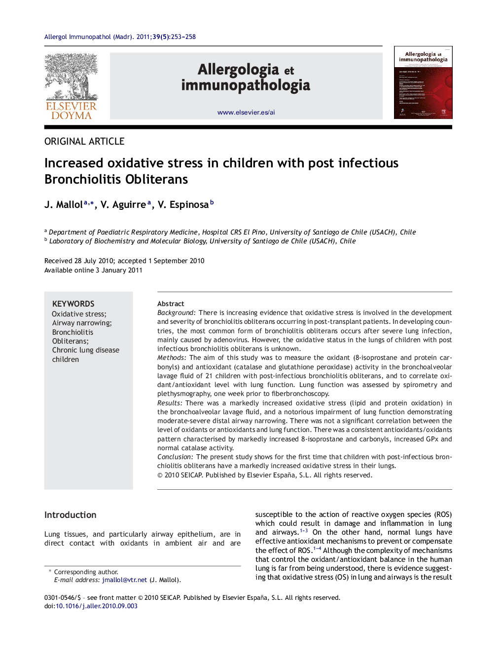 Increased oxidative stress in children with post infectious Bronchiolitis Obliterans