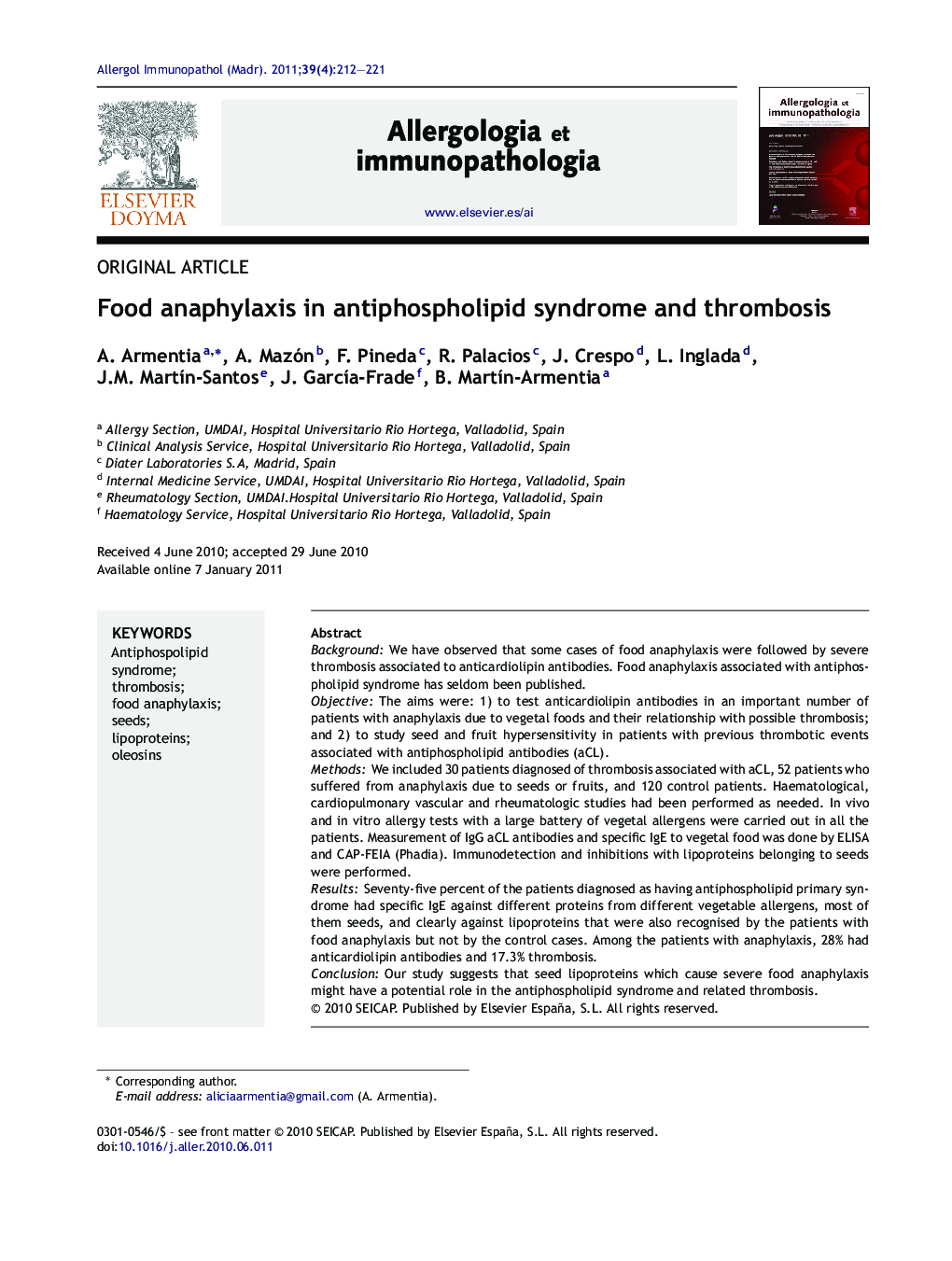 Food anaphylaxis in antiphospholipid syndrome and thrombosis