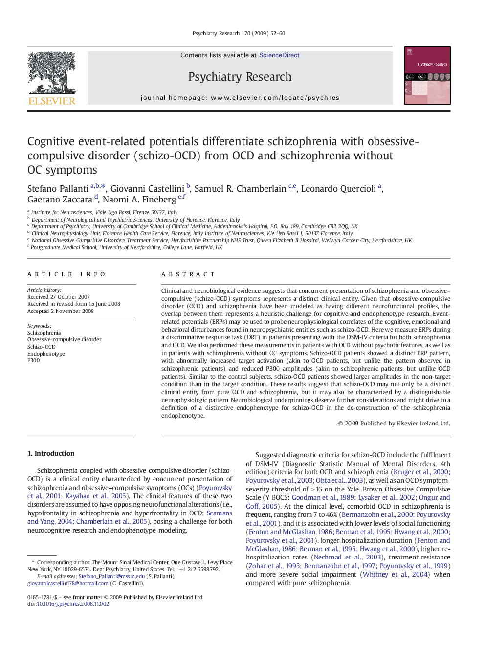 Cognitive event-related potentials differentiate schizophrenia with obsessive-compulsive disorder (schizo-OCD) from OCD and schizophrenia without OC symptoms