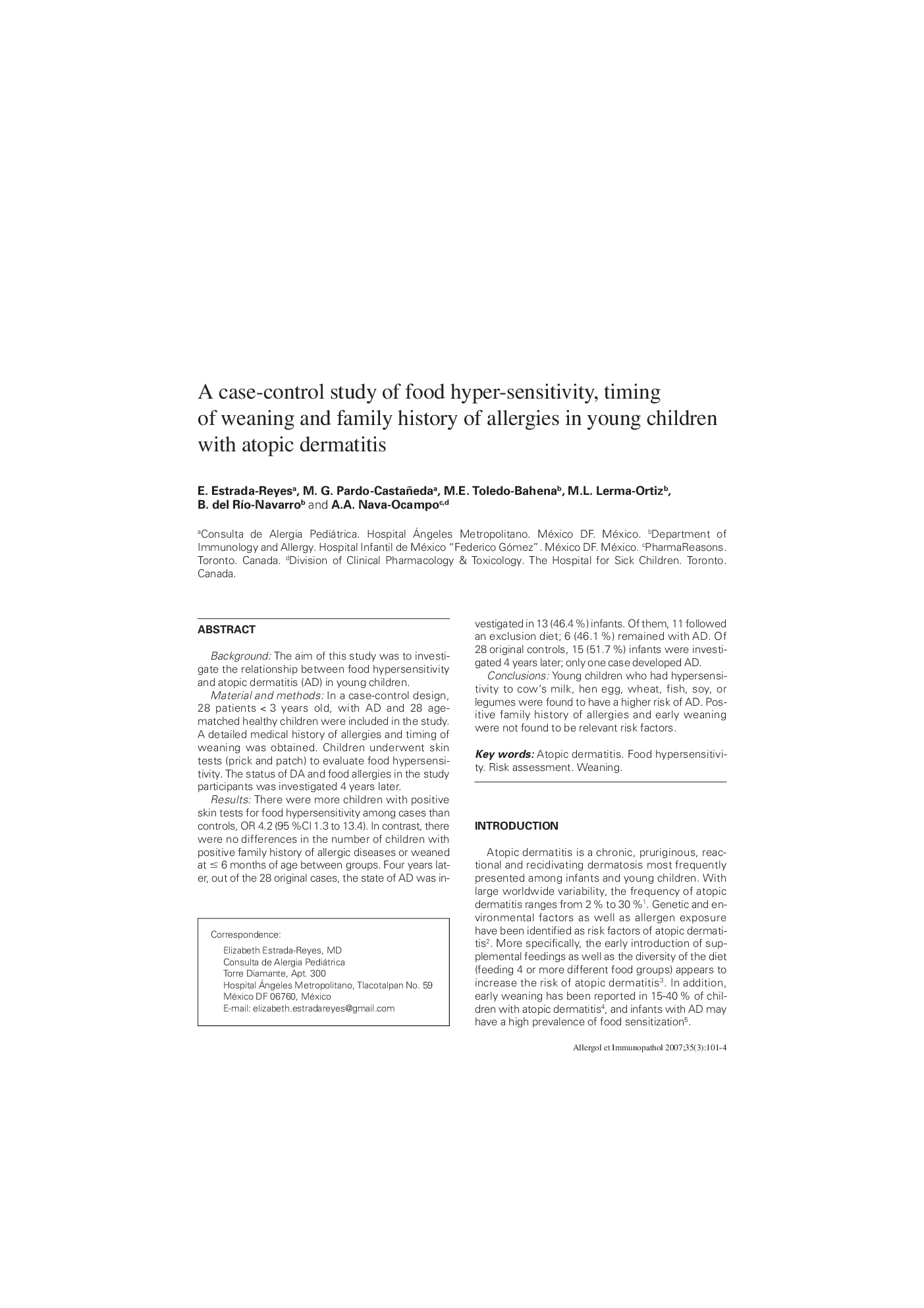 A case-control study of food hyper-sensitivity, timing of weaning and family history of allergies in young children with atopic dermatitis