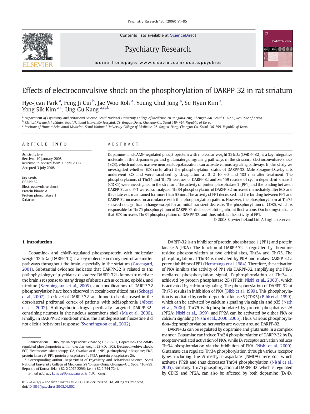 Effects of electroconvulsive shock on the phosphorylation of DARPP-32 in rat striatum