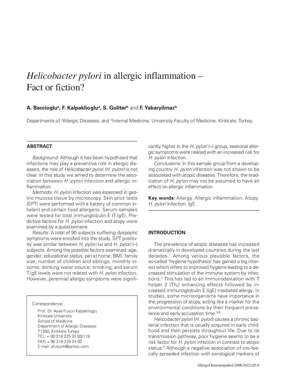 Helicobacter pylori in allergic inflammation -Fact or fiction?