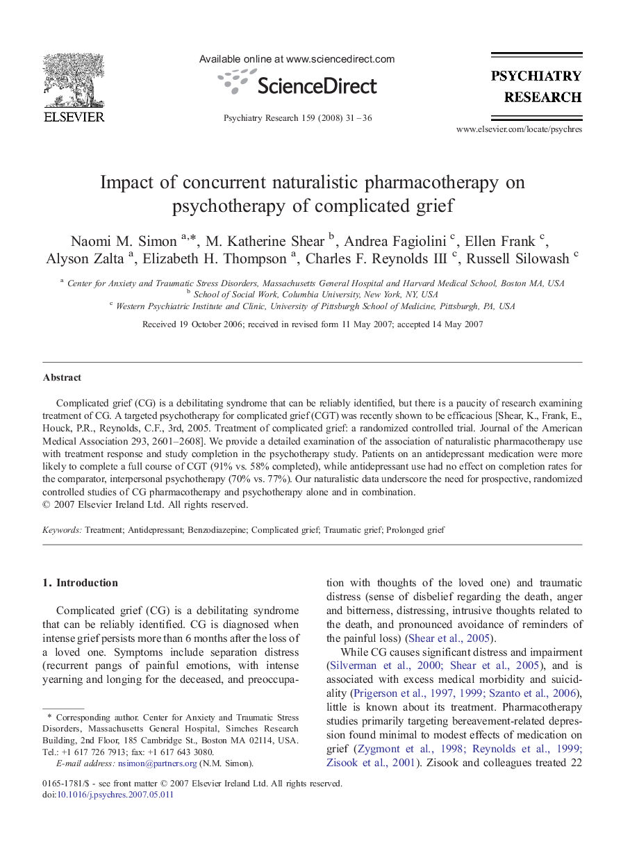 Impact of concurrent naturalistic pharmacotherapy on psychotherapy of complicated grief