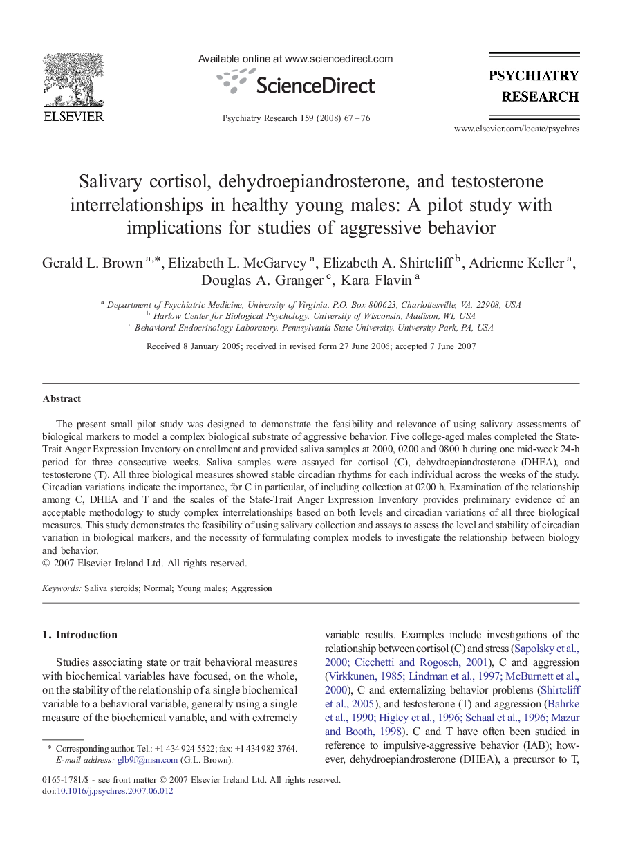 عکس صفحه اول مقاله: Salivary cortisol, dehydroepiandrosterone, and testosterone interrelationships in healthy young males: A pilot study with implications for studies of aggressive behavior Salivary cortisol, dehydroepiandrosterone, and testosterone interrelationships in healthy young males: A pilot study with implications for studies of aggressive behavior