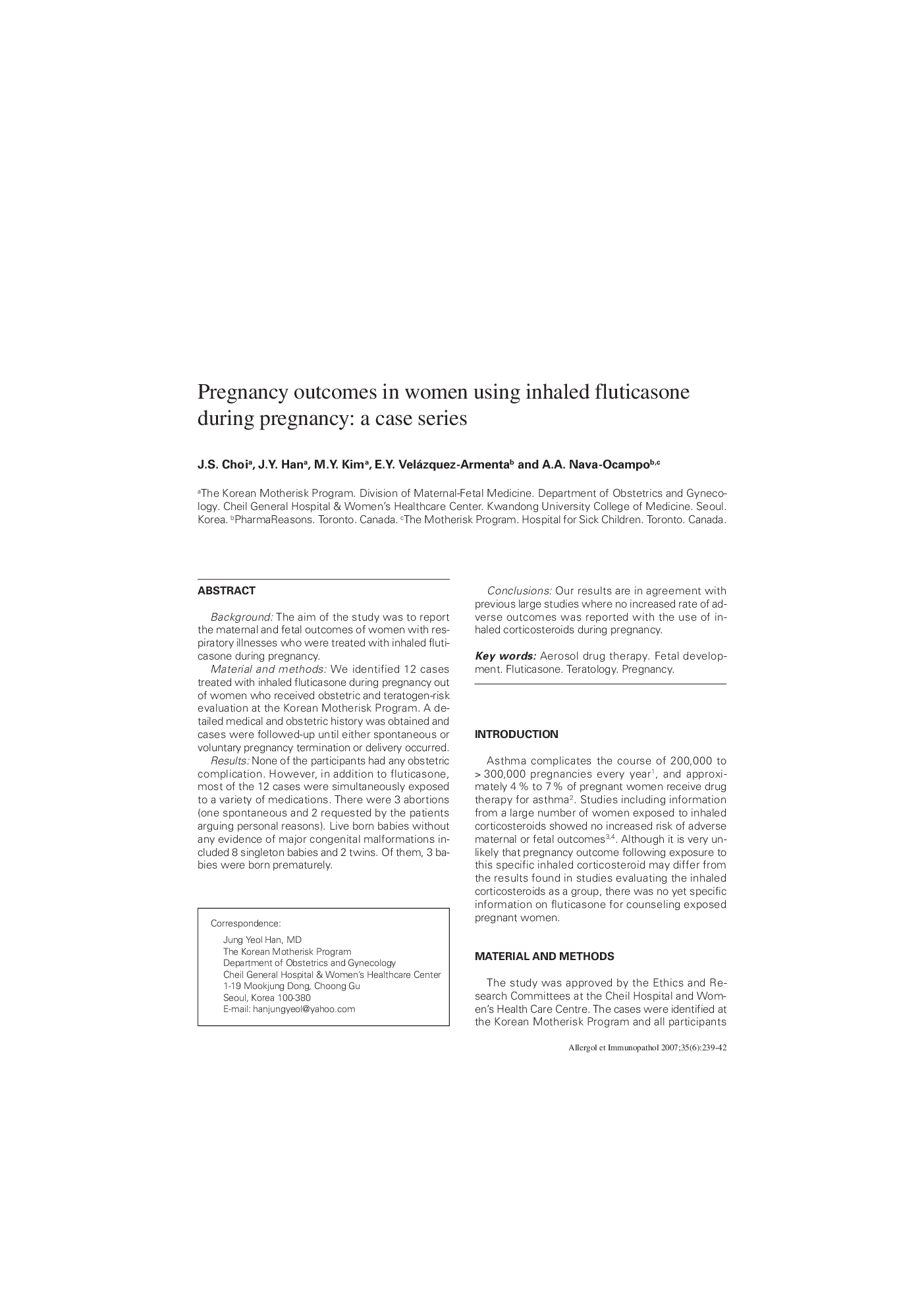 عکس صفحه اول مقاله: Pregnancy outcomes in women using inhaled fluticasone during pregnancy: a case series Pregnancy outcomes in women using inhaled fluticasone during pregnancy: a case series