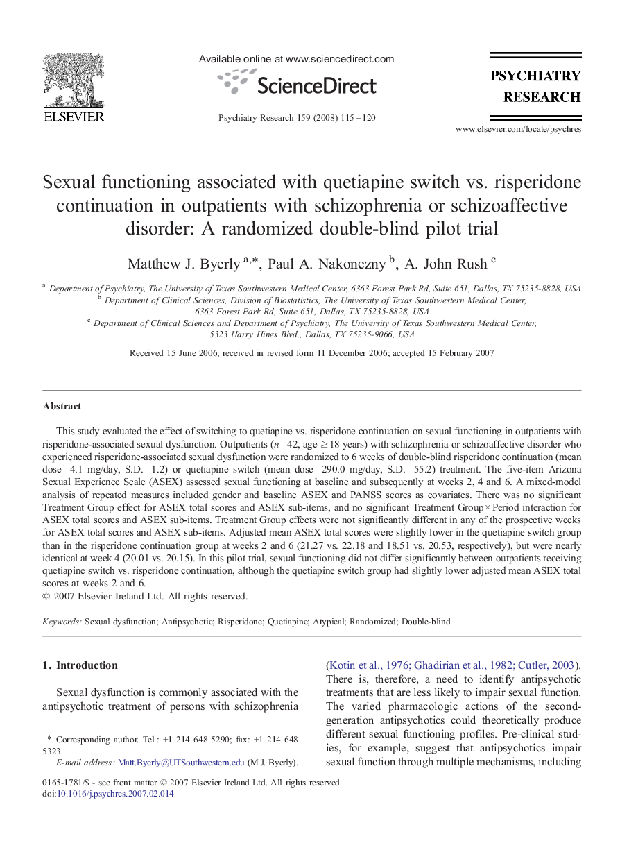 Sexual functioning associated with quetiapine switch vs. risperidone continuation in outpatients with schizophrenia or schizoaffective disorder: A randomized double-blind pilot trial