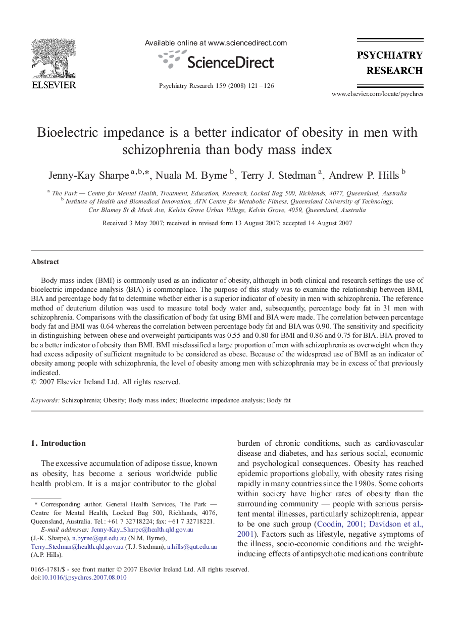 Bioelectric impedance is a better indicator of obesity in men with schizophrenia than body mass index