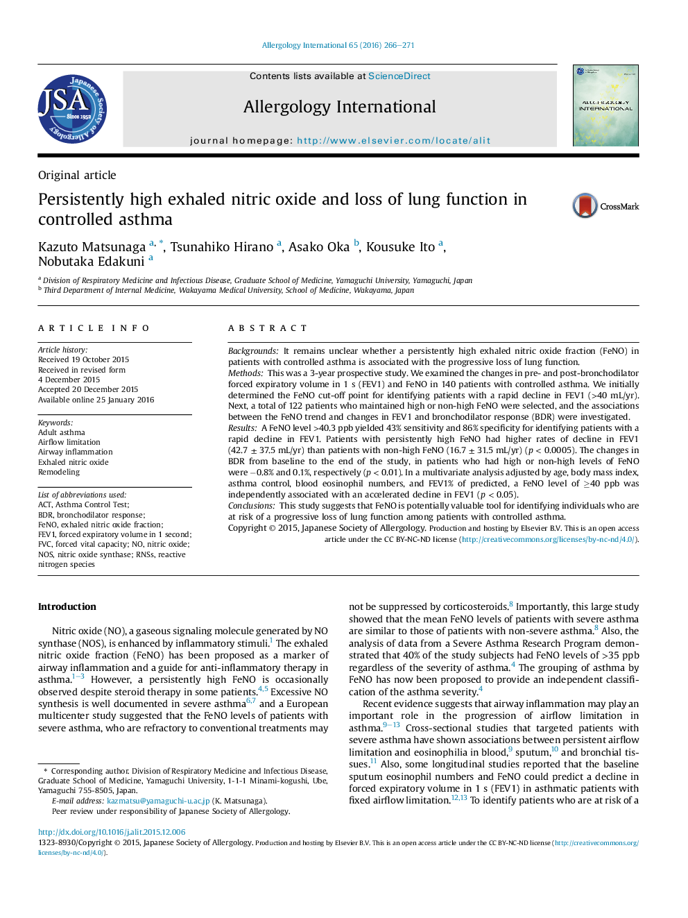 Persistently high exhaled nitric oxide and loss of lung function in controlled asthma 