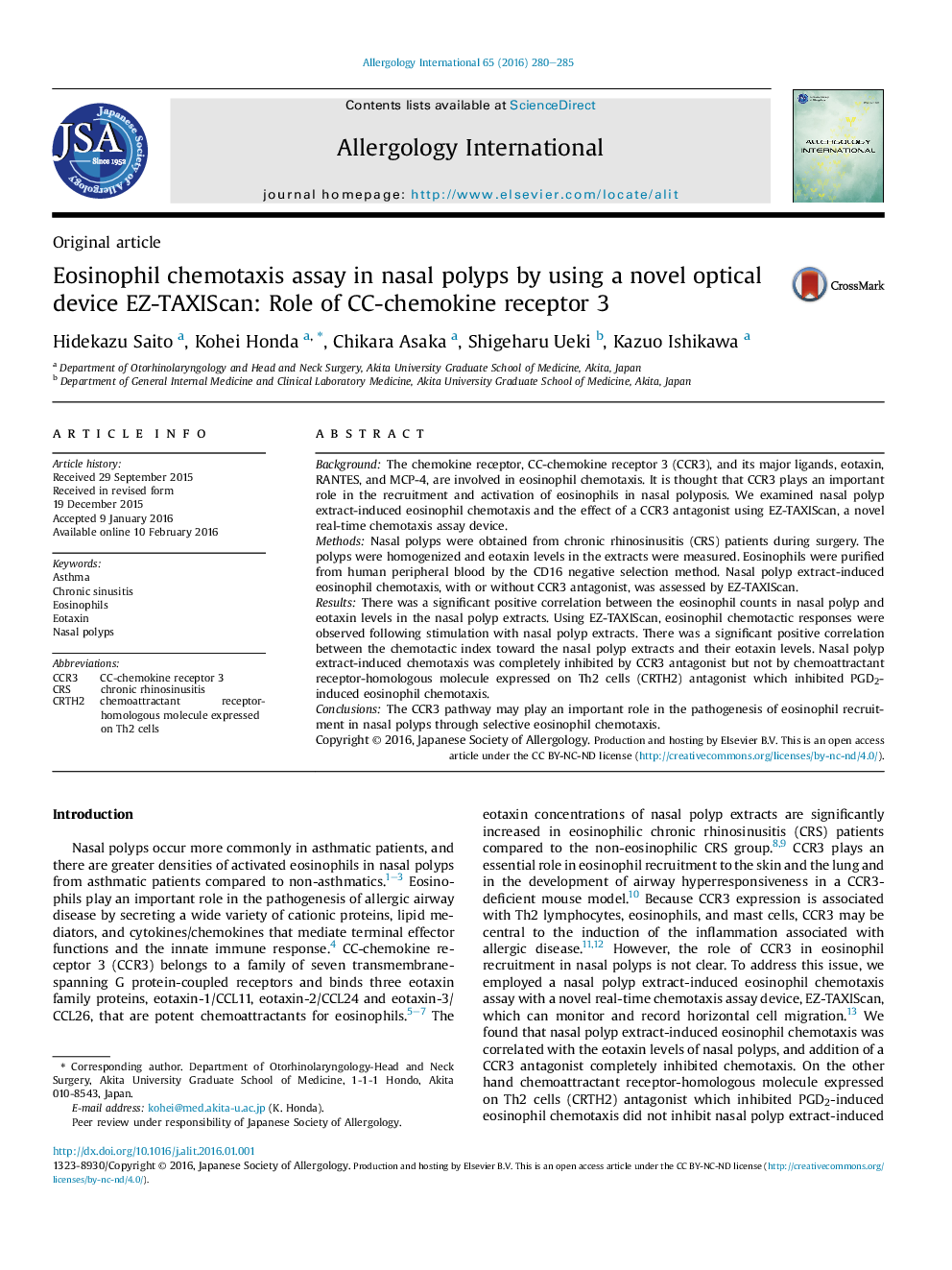 Eosinophil chemotaxis assay in nasal polyps by using a novel optical device EZ-TAXIScan: Role of CC-chemokine receptor 3 