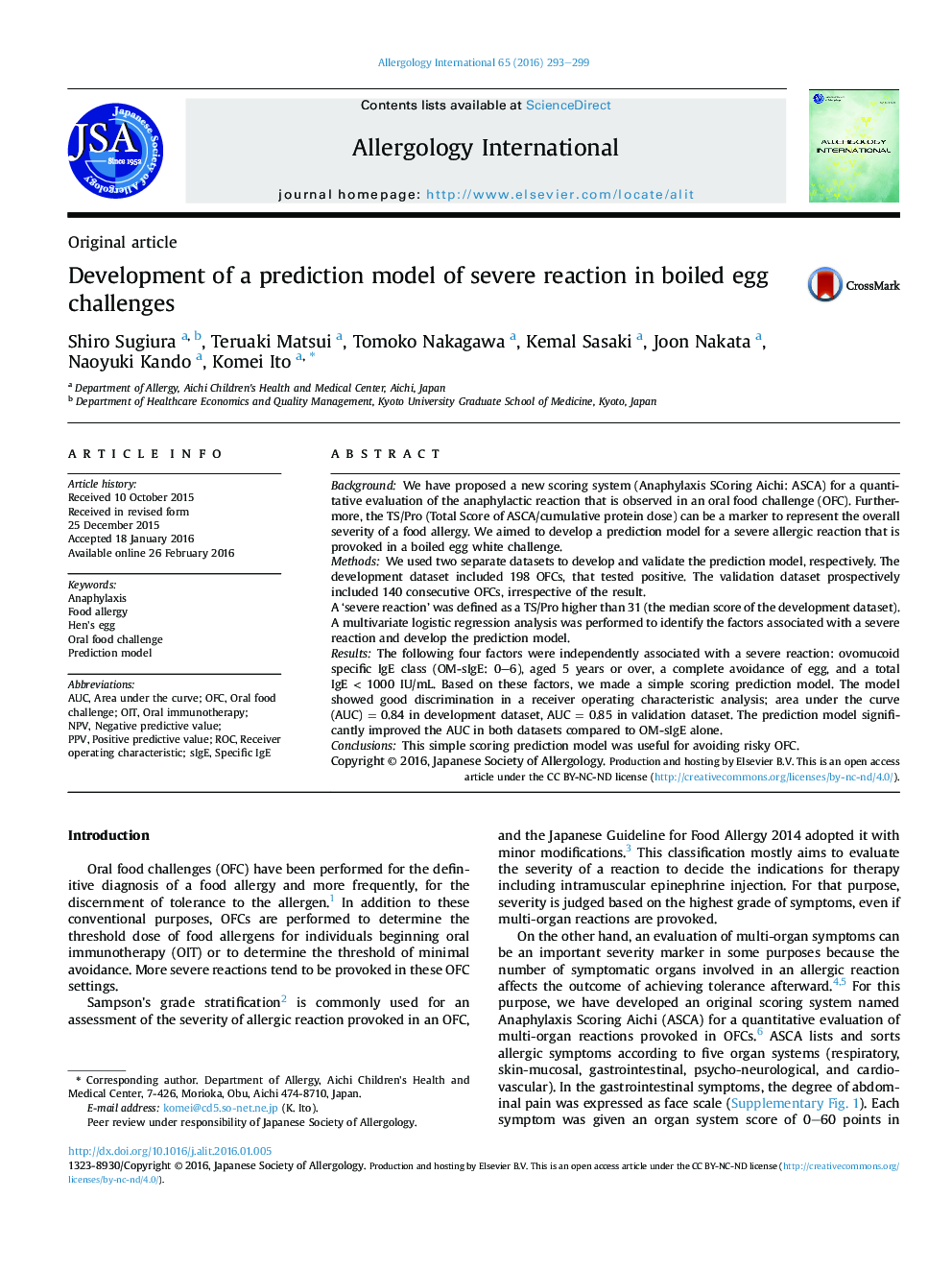 Development of a prediction model of severe reaction in boiled egg challenges 