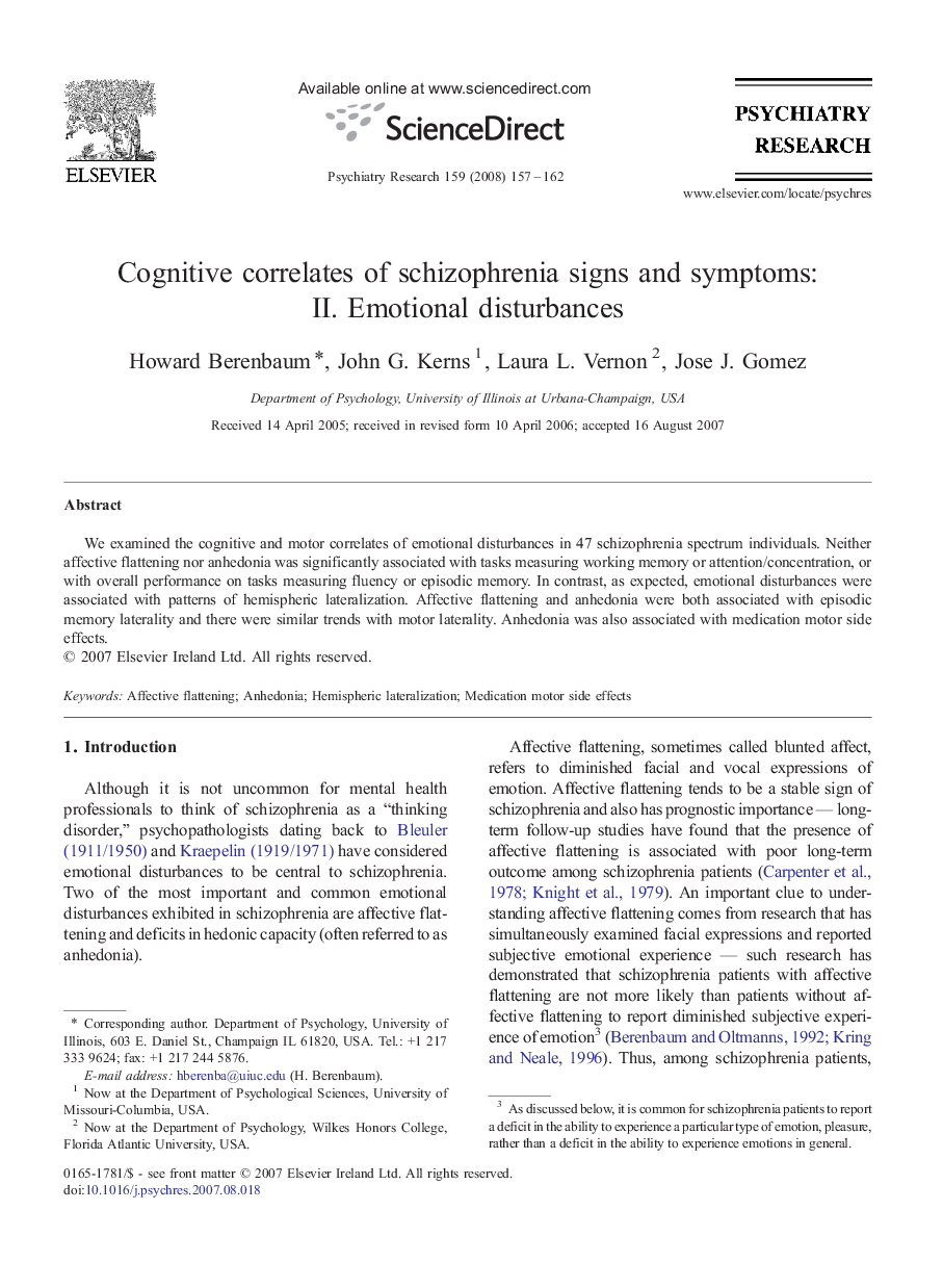 Cognitive correlates of schizophrenia signs and symptoms: II. Emotional disturbances