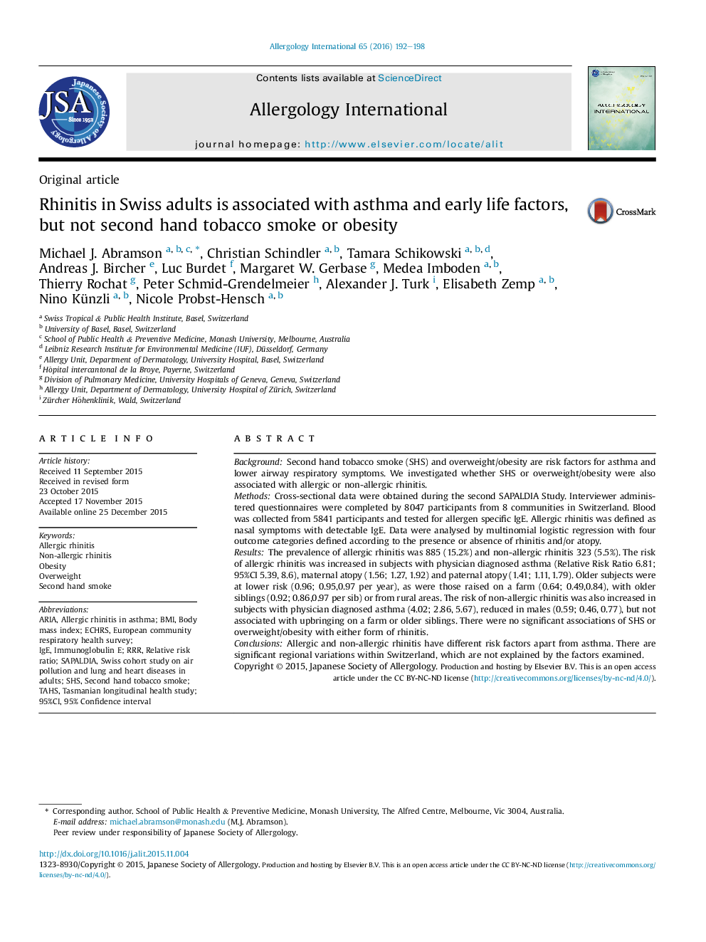 Rhinitis in Swiss adults is associated with asthma and early life factors, but not second hand tobacco smoke or obesity 