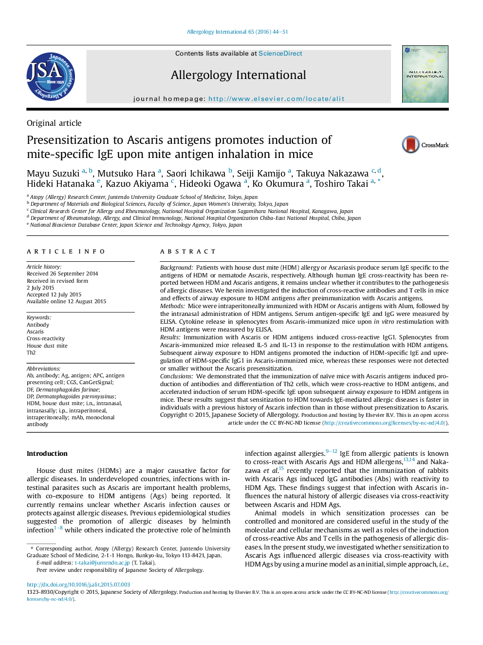 Presensitization to Ascaris antigens promotes induction of mite-specific IgE upon mite antigen inhalation in mice 