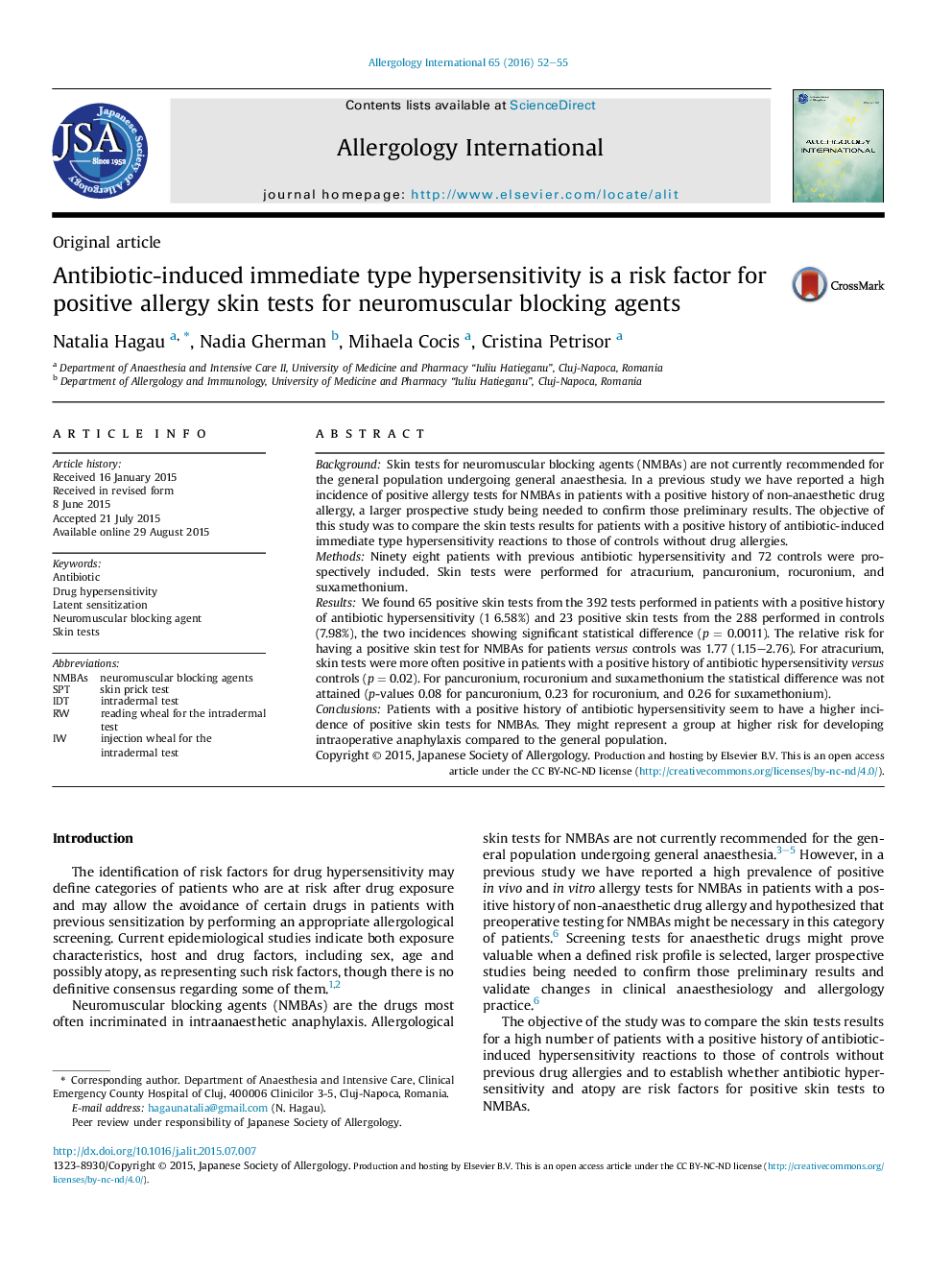 Antibiotic-induced immediate type hypersensitivity is a risk factor for positive allergy skin tests for neuromuscular blocking agents 