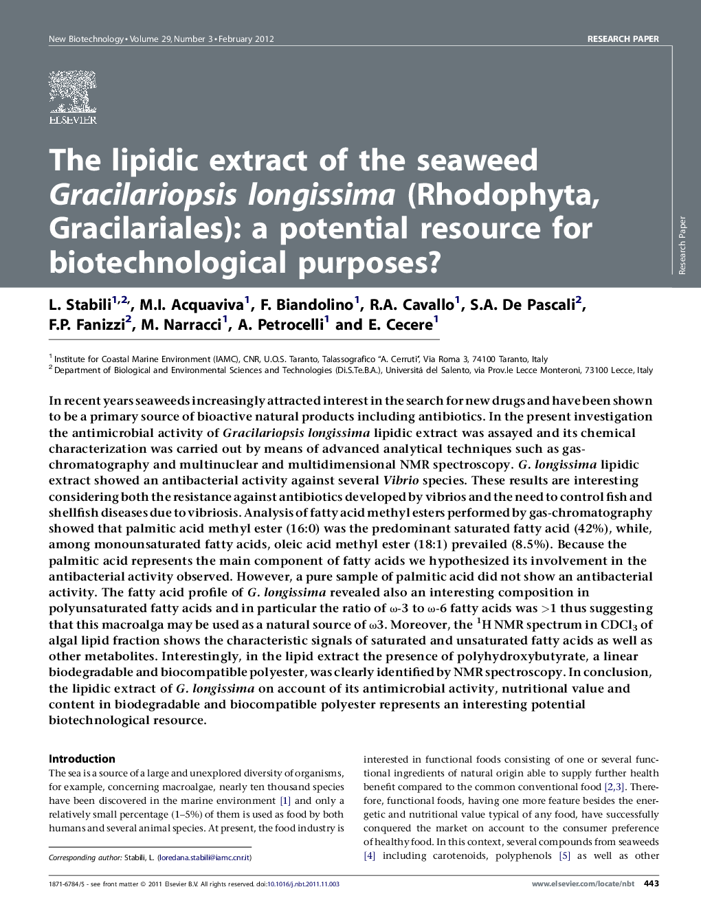 The lipidic extract of the seaweed Gracilariopsis longissima (Rhodophyta, Gracilariales): a potential resource for biotechnological purposes?