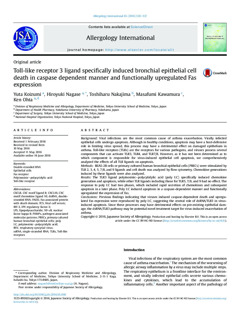 Toll-like receptor 3 ligand specifically induced bronchial epithelial cell death in caspase dependent manner and functionally upregulated Fas expression 