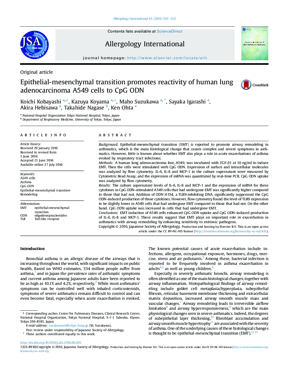 Epithelial-mesenchymal transition promotes reactivity of human lung adenocarcinoma A549 cells to CpG ODN 