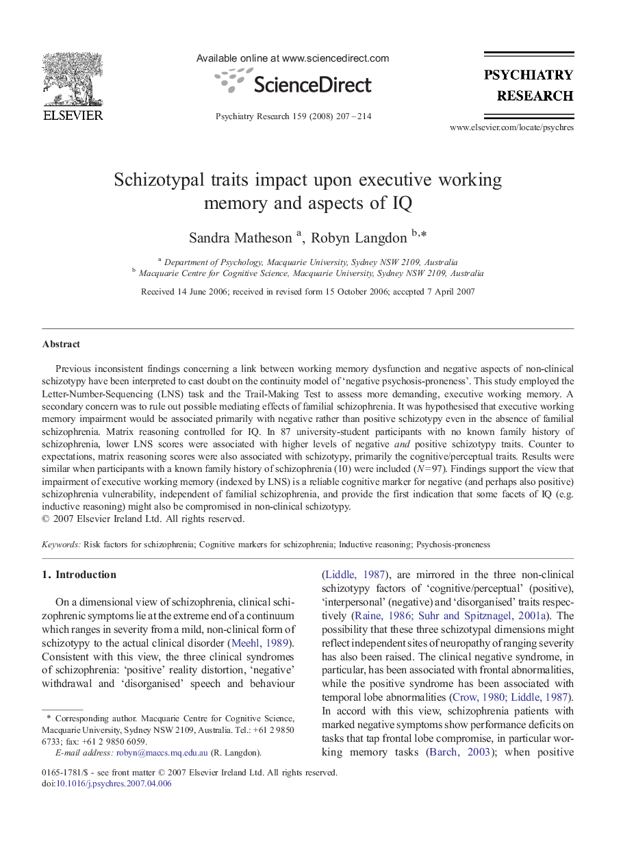 Schizotypal traits impact upon executive working memory and aspects of IQ