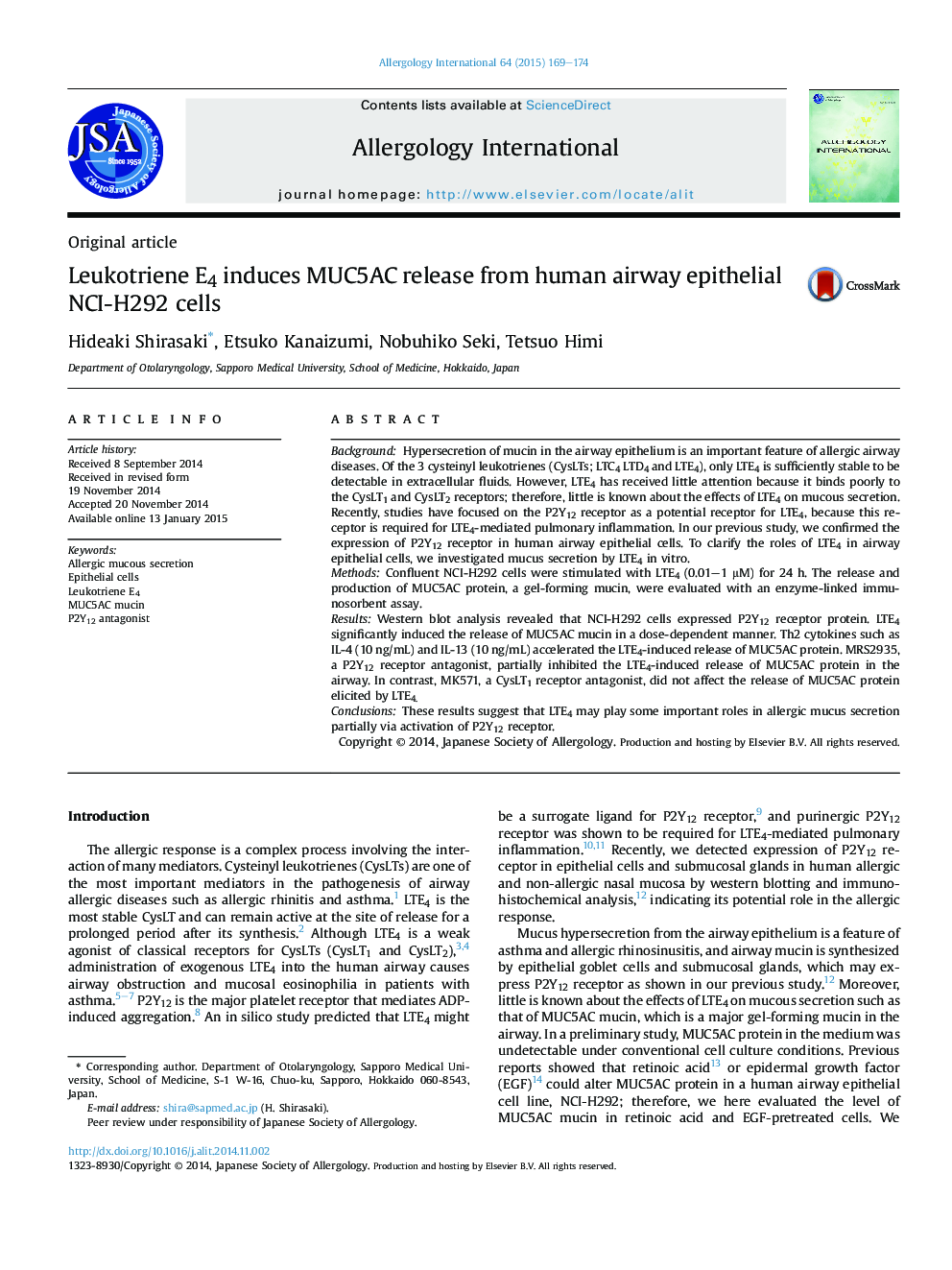 Leukotriene E4 induces MUC5AC release from human airway epithelial NCI-H292 cells 