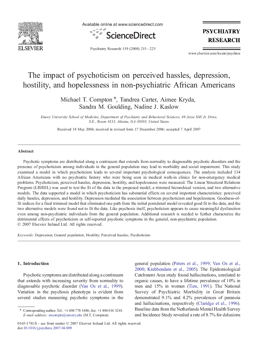 The impact of psychoticism on perceived hassles, depression, hostility, and hopelessness in non-psychiatric African Americans