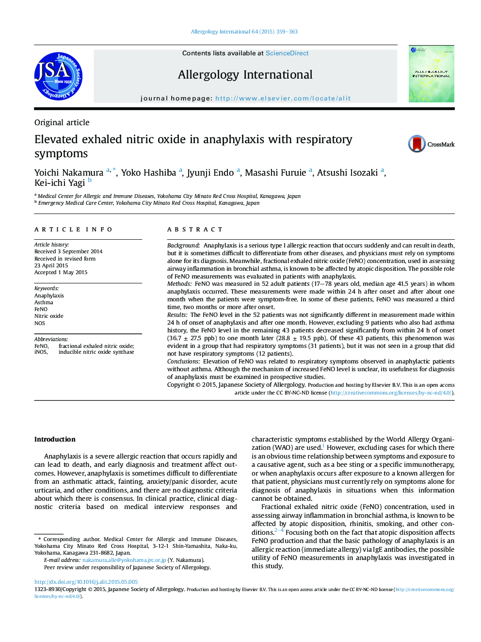 Elevated exhaled nitric oxide in anaphylaxis with respiratory symptoms 