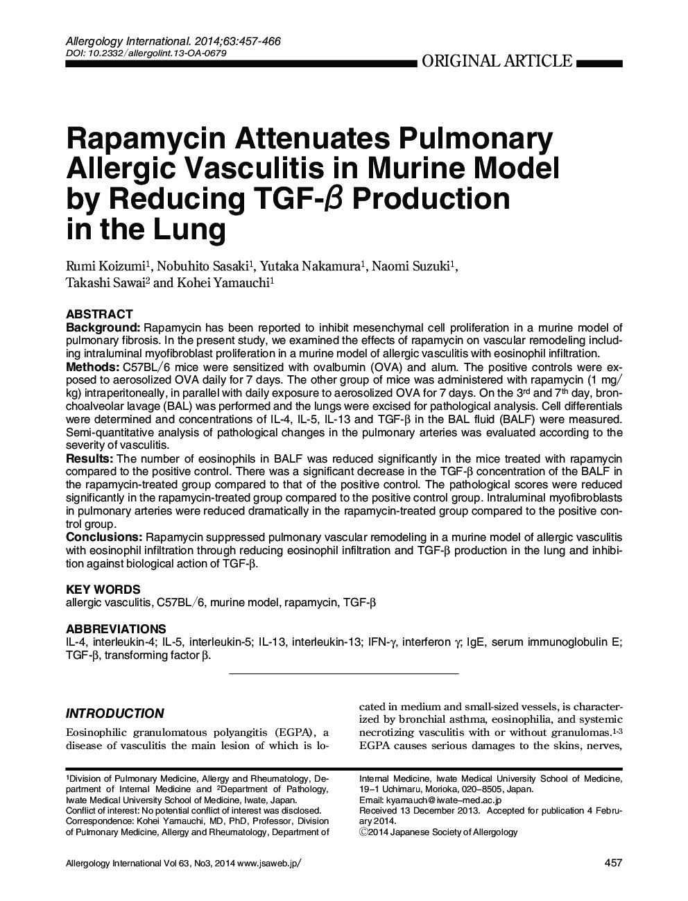 Rapamycin Attenuates Pulmonary Allergic Vasculitis in Murine Model by Reducing TGF-βProduction in the Lung