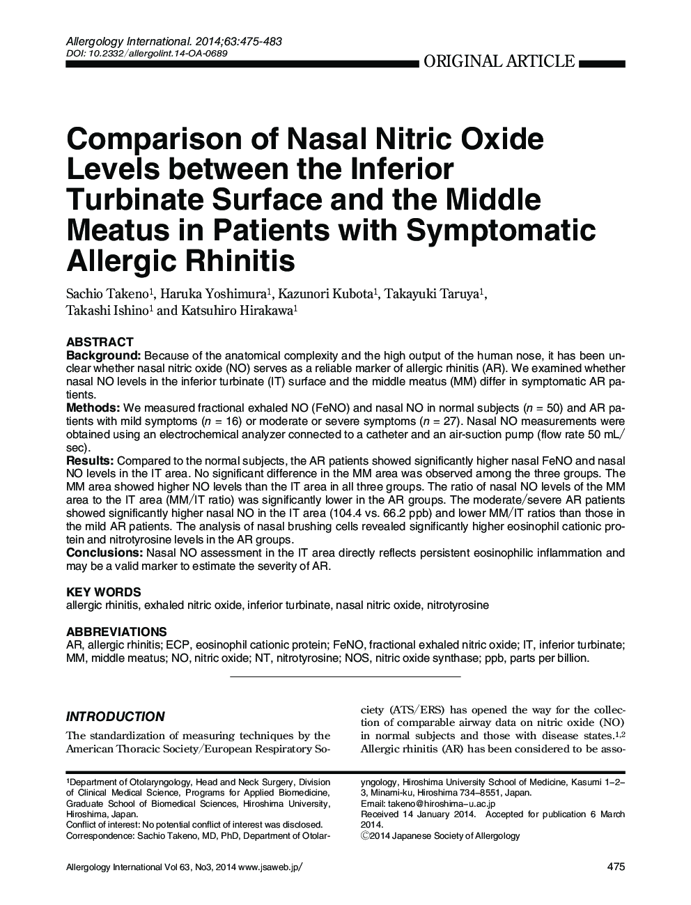 Comparison of Nasal Nitric Oxide Levels between the Inferior Turbinate Surface the Middle Meatus in Patients with Symptomatic Allergic Rhinitis