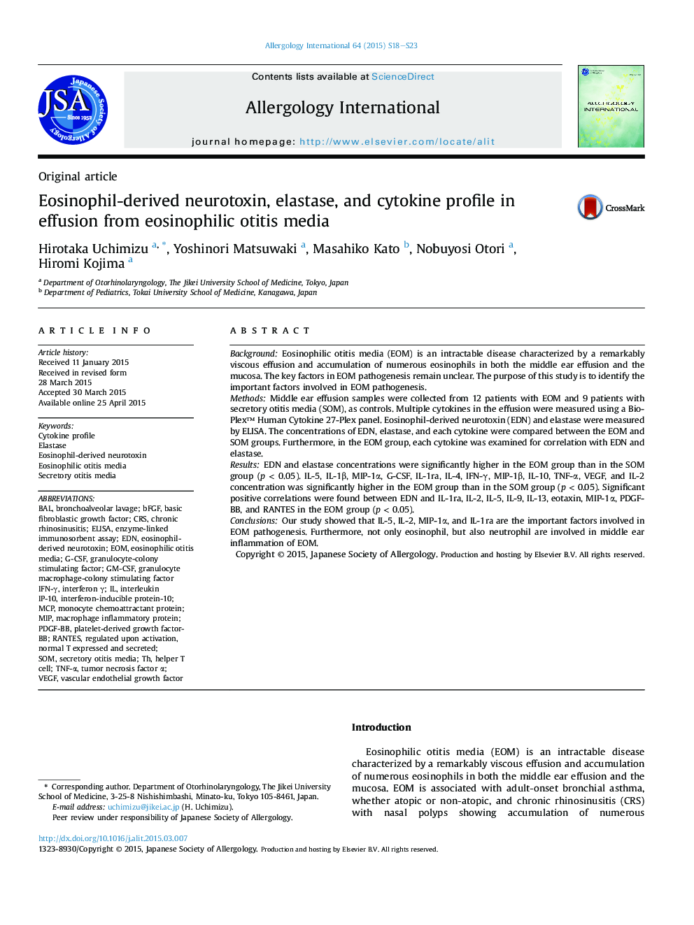 Eosinophil-derived neurotoxin, elastase, and cytokine profile in effusion from eosinophilic otitis media 