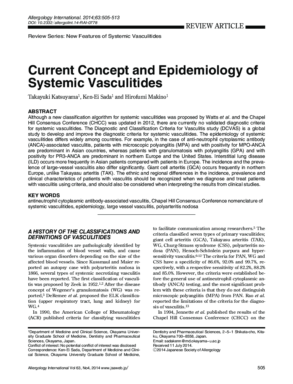 Current Concept and Epidemiology of Systemic Vasculitides 