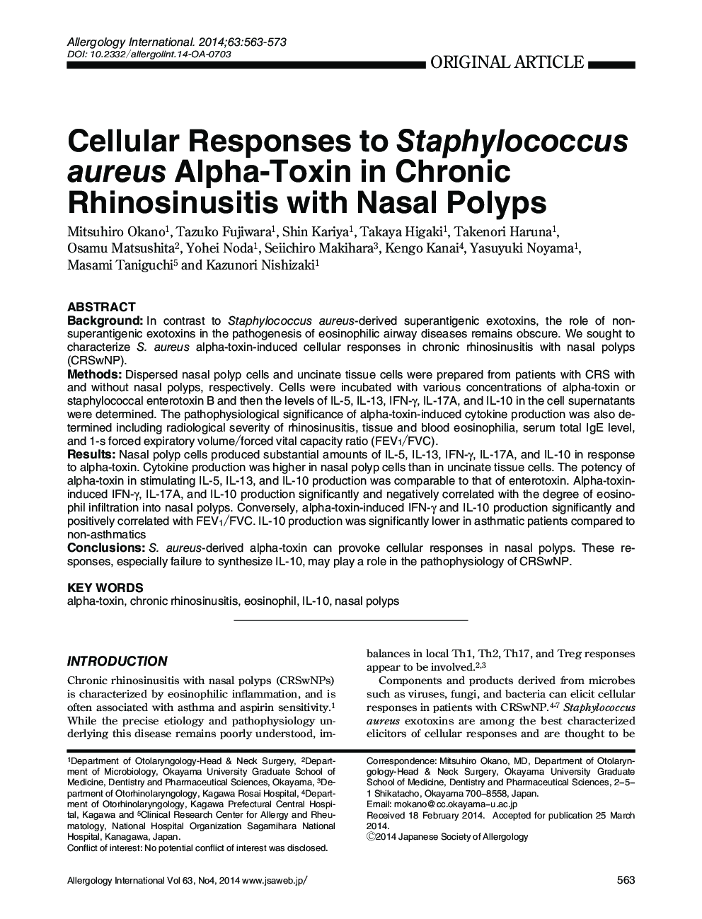 پاسخ های سلولی به آلفا-توکسین استافیلوکوک اورئوس در رینویوزیت مزمن با پولیپ بینی 