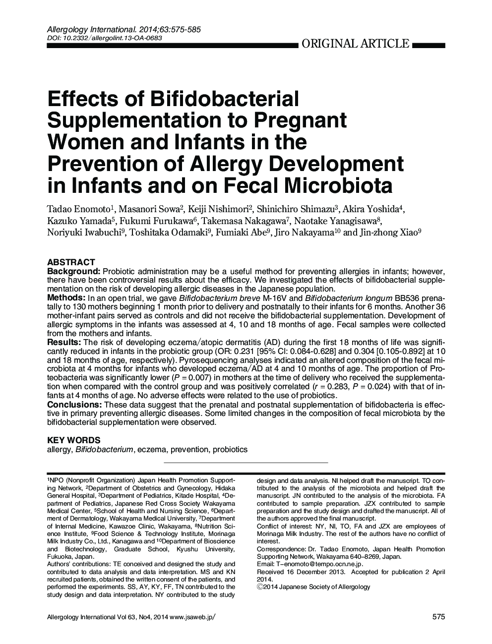 Effects of Bifidobacterial Supplementation to Pregnant Women and Infants in the Prevention of Allergy Development in Infants and on Fecal Microbiota 