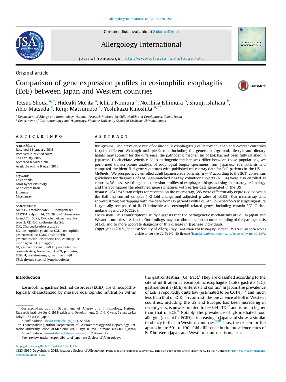 Comparison of gene expression profiles in eosinophilic esophagitis (EoE) between Japan and Western countries 