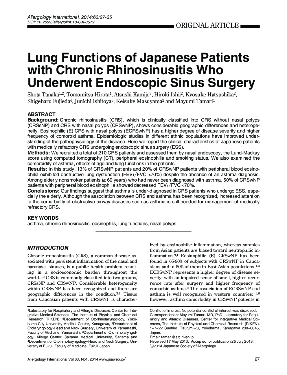 Lung Functions of Japanese Patients with Chronic Rhinosinusitis Who Underwent Endoscopic Sinus Surgery