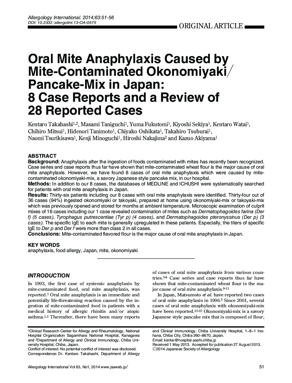 Oral Mite Anaphylaxis Caused by Mite-Contaminated Okonomiyaki/Pancake-Mix in Japan: 8 Case Reports and a Review of 28 Reported Cases