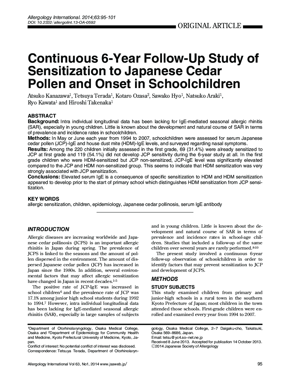 Continuous 6-Year Follow-Up Study of Sensitization to Japanese Cedar Pollen and Onset in Schoolchildren