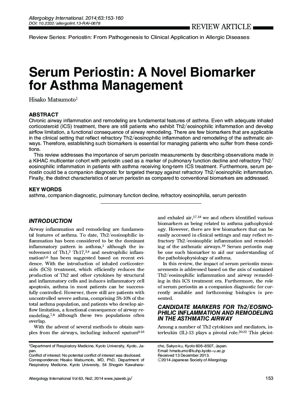 Serum Periostin: A Novel Biomarker for Asthma Management *