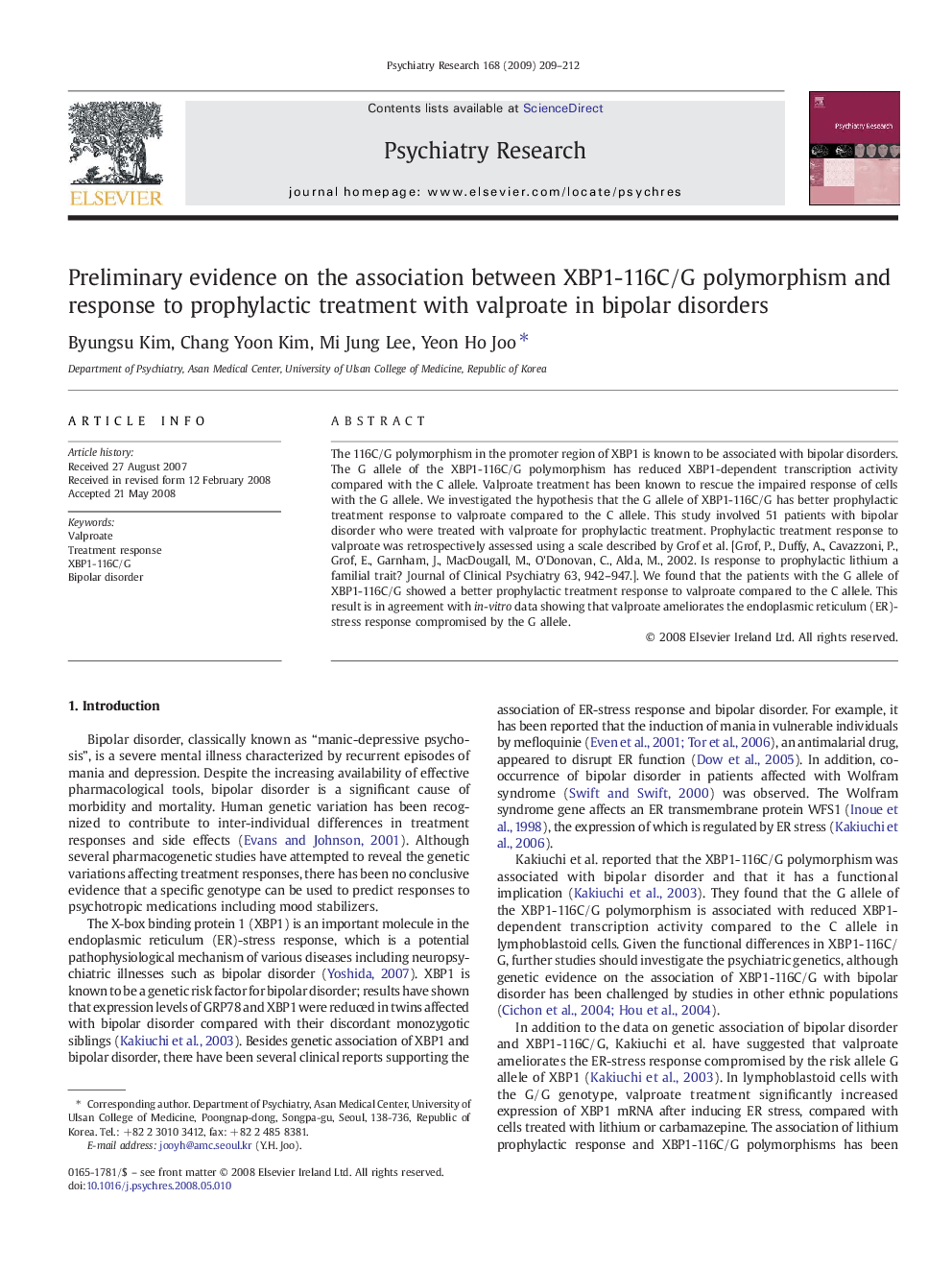 Preliminary evidence on the association between XBP1-116C/G polymorphism and response to prophylactic treatment with valproate in bipolar disorders