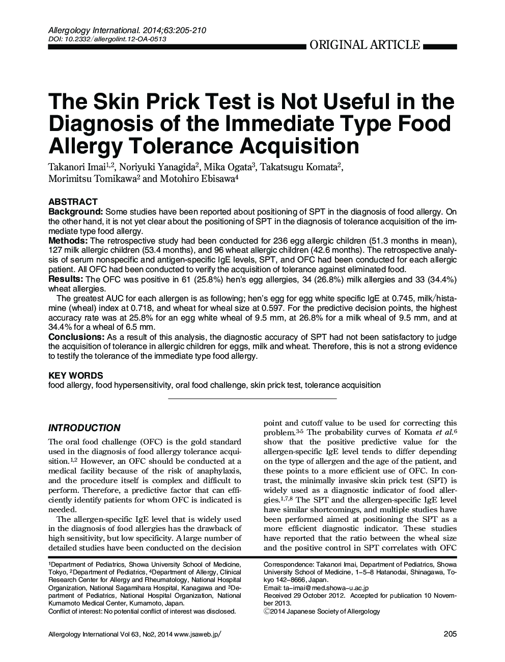 The Skin Prick Test is Not Useful in the Diagnosis of the Immediate Type Food Allergy Tolerance Acquisition