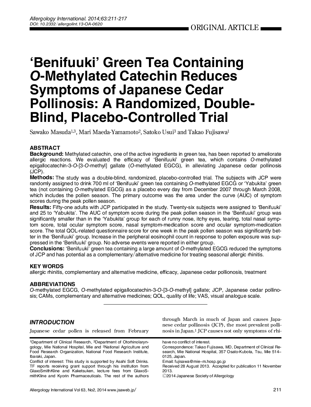 'Benifuuki' Green Tea Containing O-Methylated Catechin Reduces Symptoms of Japanese Cedar Pollinosis: A Randomized, Double- Blind, Placebo-Controlled Trial