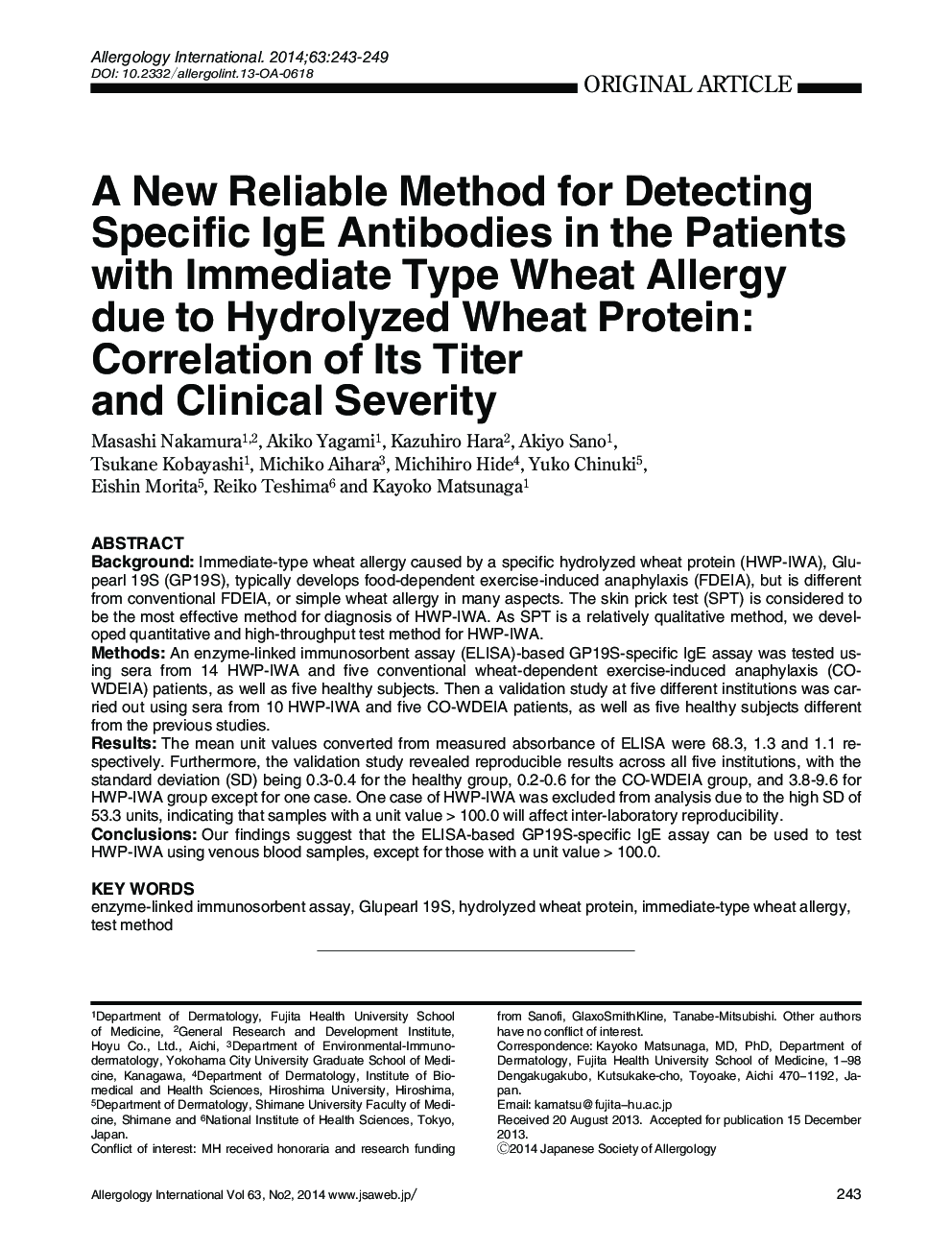 A New Reliable Method for Detecting Specific IgE Antibodies in the Patients with Immediate Type Wheat Allergy due to Hydrolyzed Wheat Protein: Correlation of Its Titer and Clinical Severity