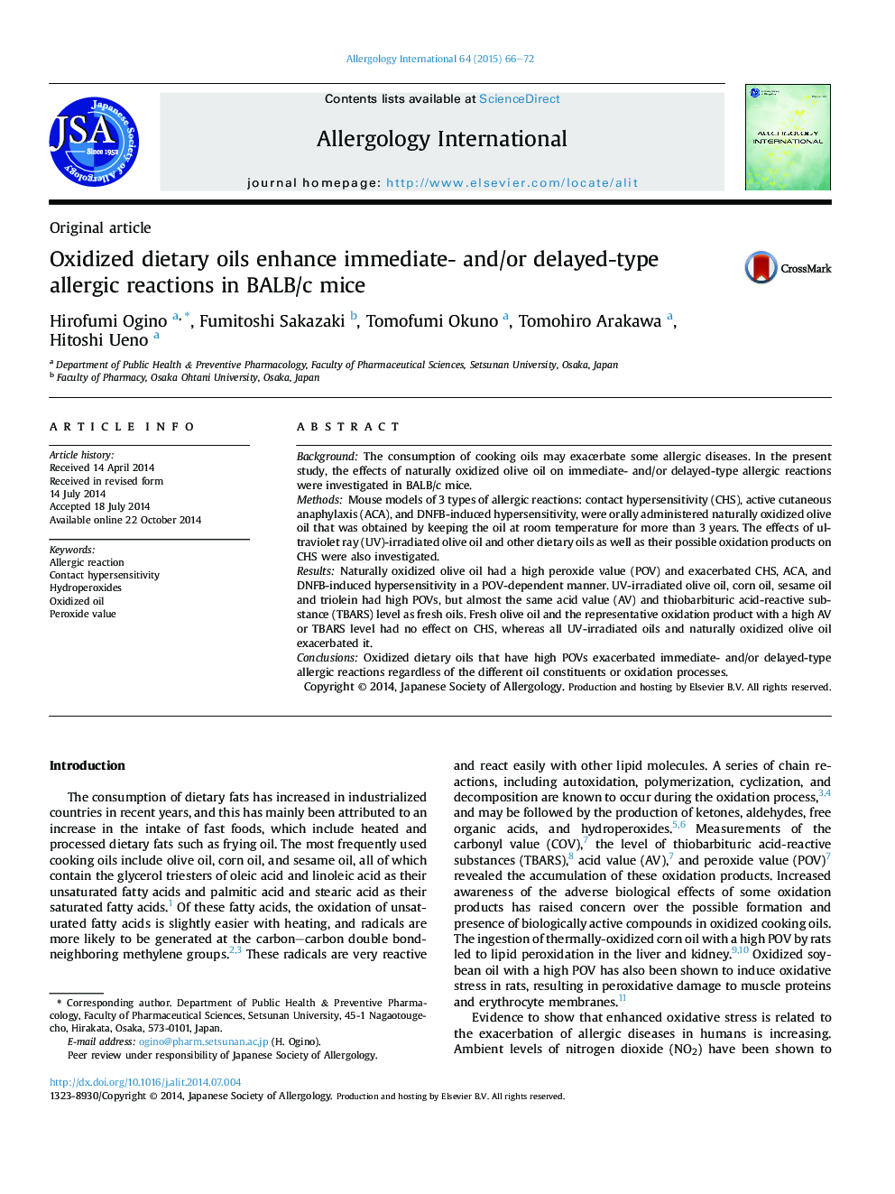 Oxidized dietary oils enhance immediate- and/or delayed-type allergic reactions in BALB/c mice 